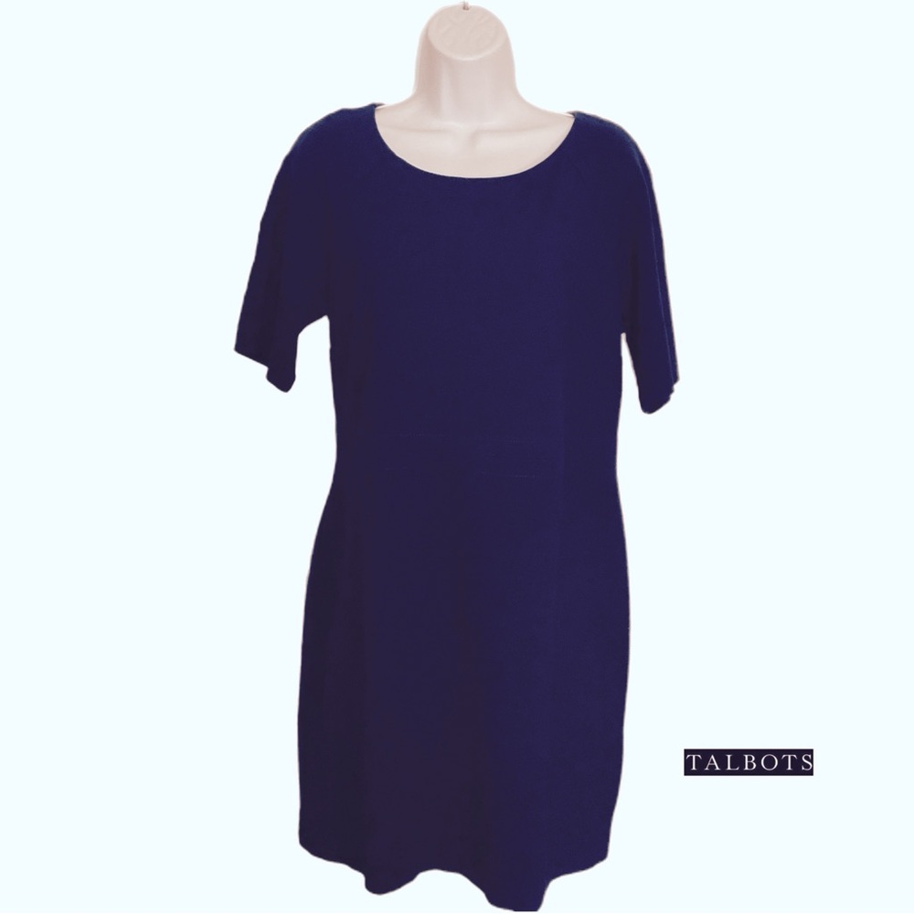 TALBOTS SHEATH DRESS 12P Short Sleeves Scoop Collar Dark Navy Blue
